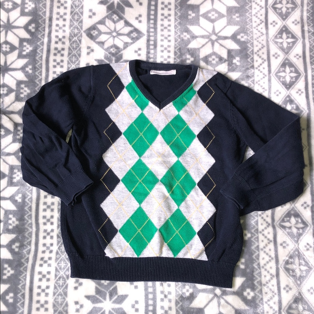 Zara Boys Navy V-Neck Sweater with Green & Gray Argyle
